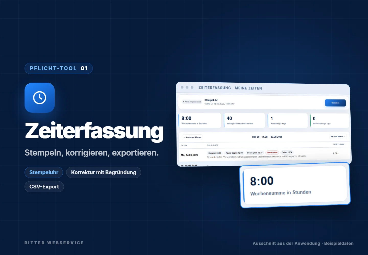 Arbeitszeiterfassung: Titelbild mit Ausschnitt aus der Anwendung
