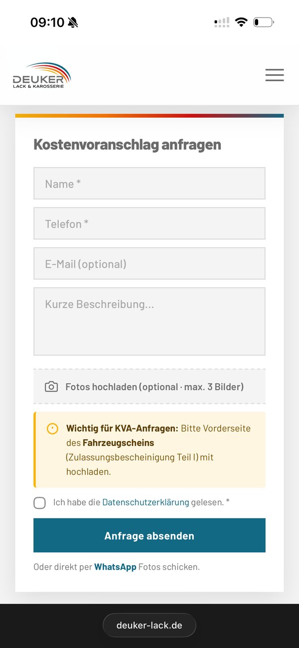 Deuker Kostenvoranschlag-Formular auf dem Smartphone