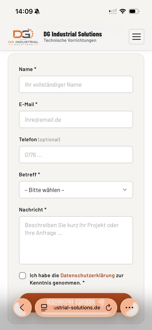 DG Industrial Solutions Kontaktformular auf dem Smartphone