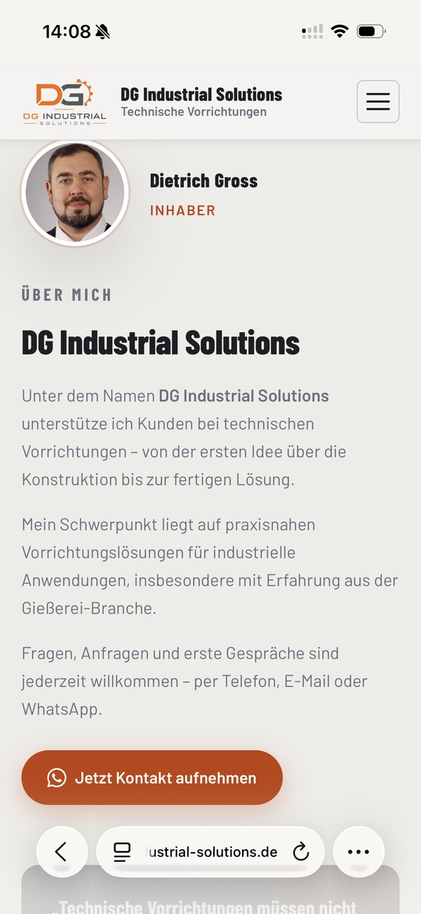DG Industrial Solutions Über-mich-Seite auf dem Smartphone