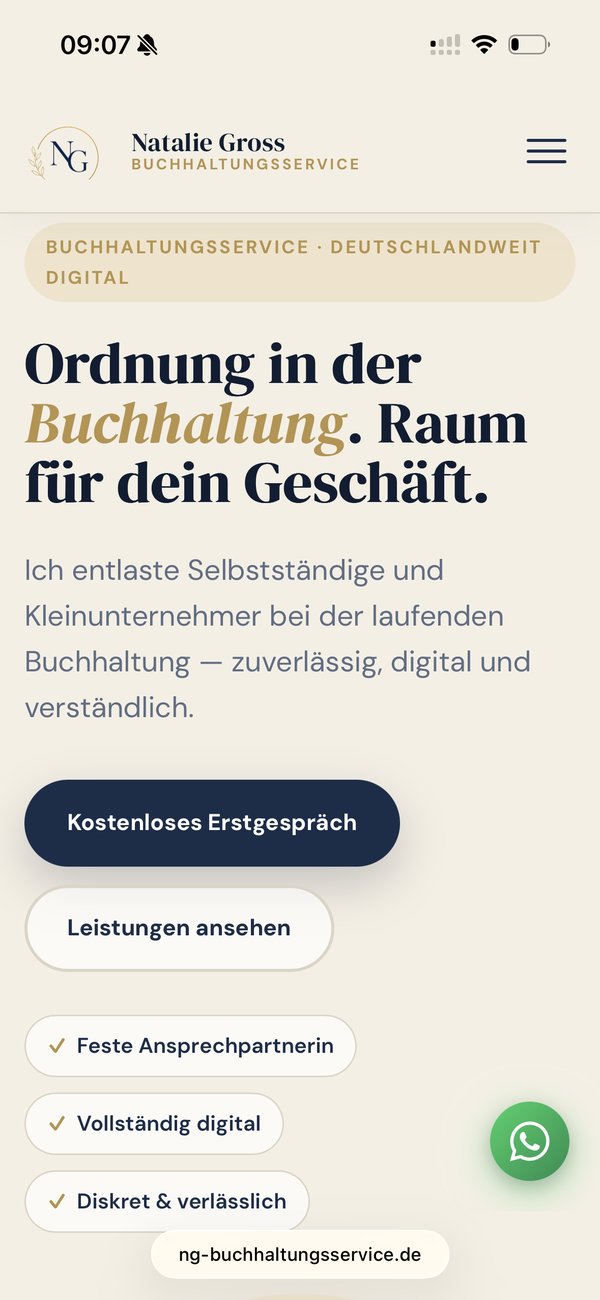 NG Buchhaltungsservice Startseite auf dem Smartphone