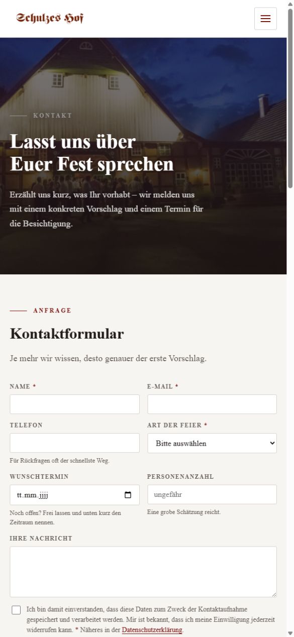 Schulzes Hof Anfrageformular auf dem Smartphone