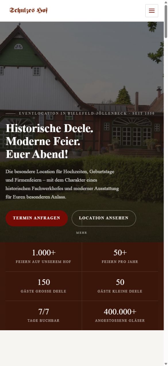 Neuer mobiler Webauftritt von Schulzes Hof mit lesbarer Überschrift und direkter Anfrage